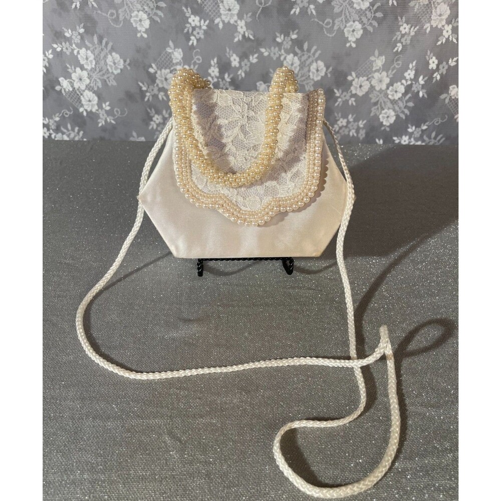 Vintage 80s Mini Purse 1980s Retro White Satin Faux Pearl Bridal Bachelorette